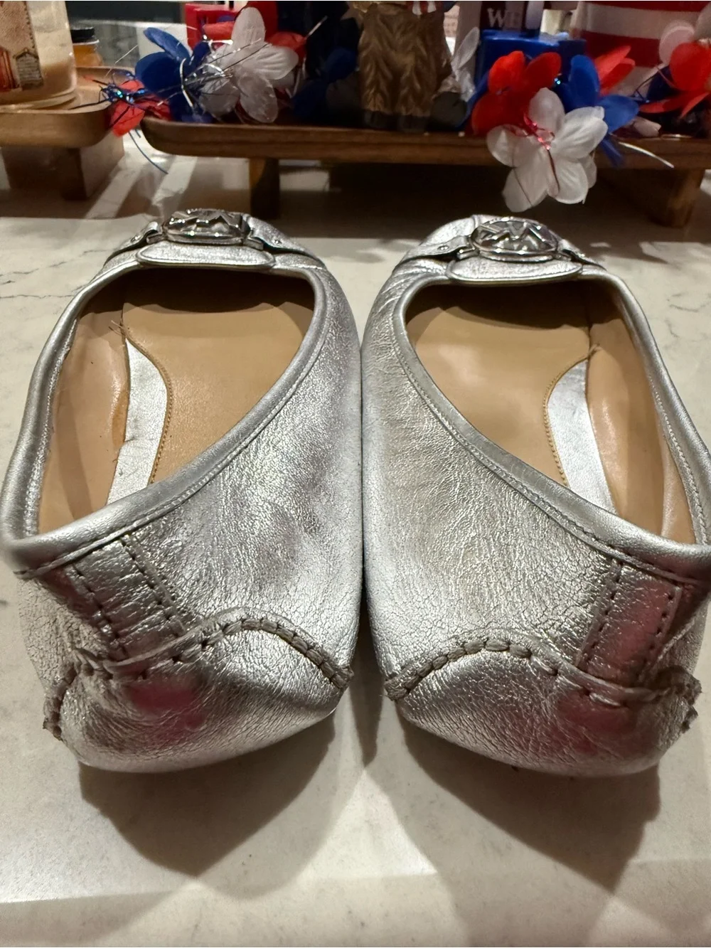 Michael Kors Metallic Silver MK Logo Leather Ballet Flats